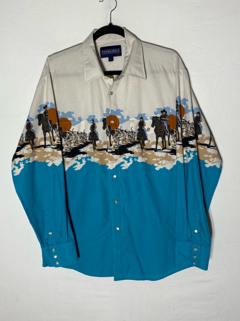 Vintage 90s Panhandle Slim Cowboy Border Print Pearl Snap Western Shirt L - Picture 14 of 14